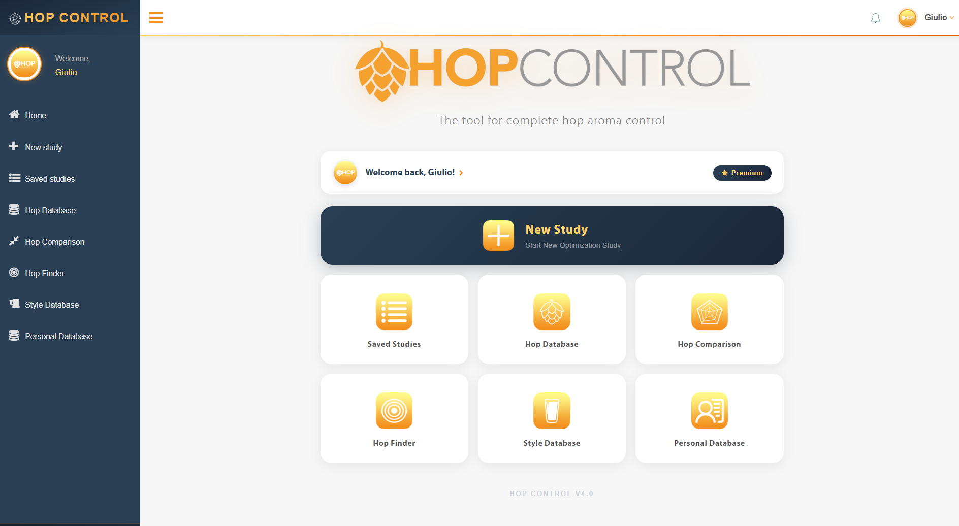 Hop Control home dashboard