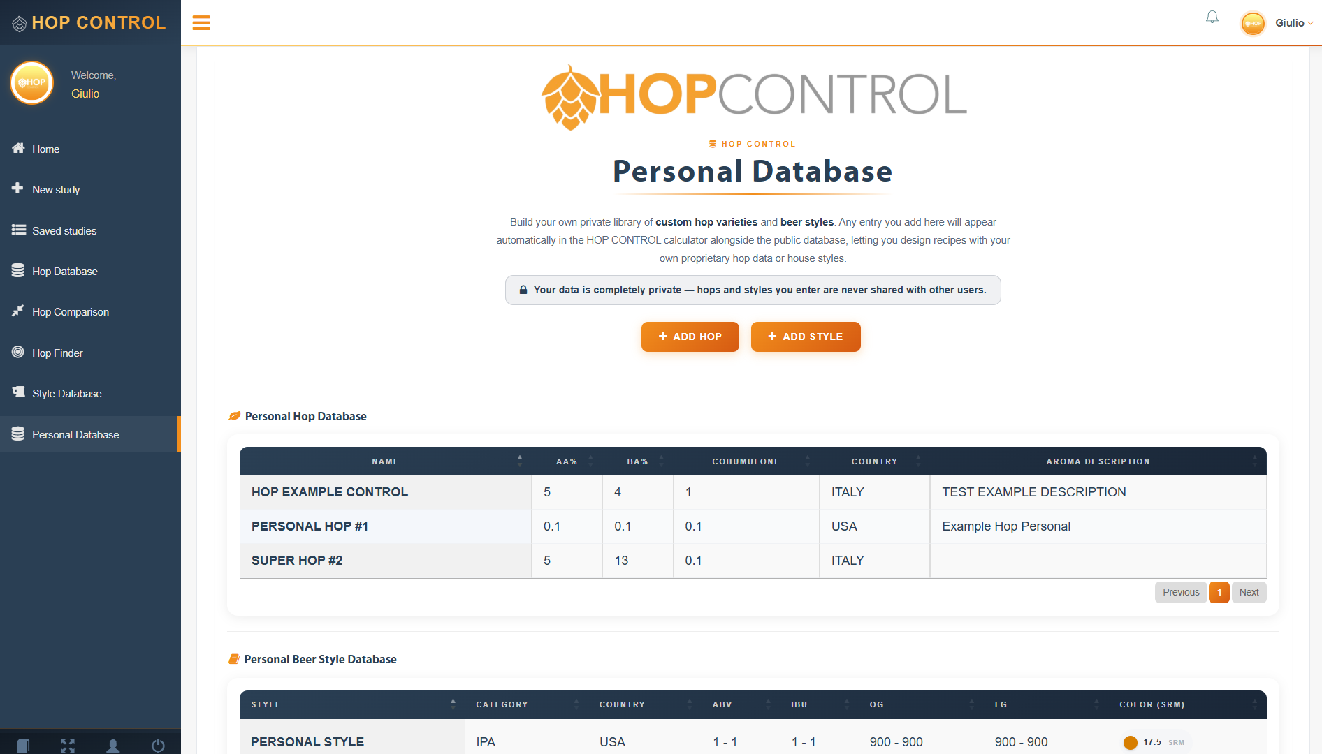 Hop Control personal database
